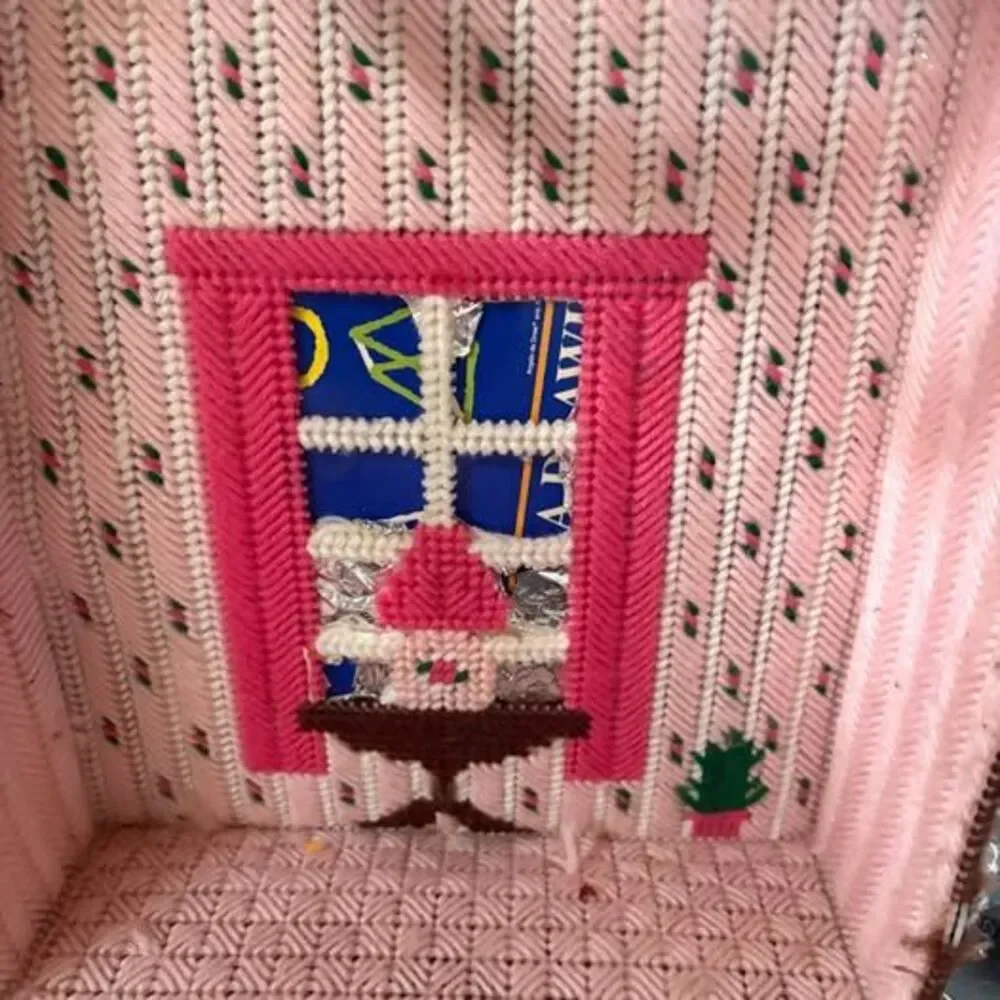 Vintage needlepoint cross stitch yarn art doll case closet cottage, granny core